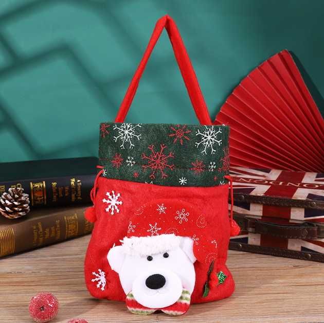 Torba worek na prezenty 22,5x19,5 cm CZERWONO - ZIELONY Z MISIEM
