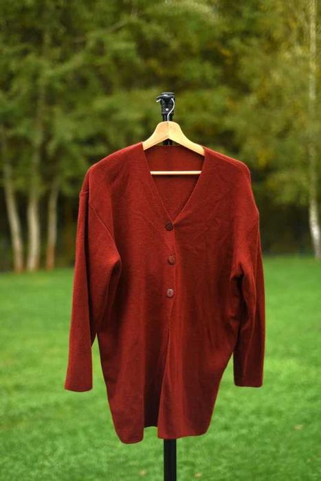 Piękny jesienny burgundowy brąz damski wełniany sweter kardigan 42 XL