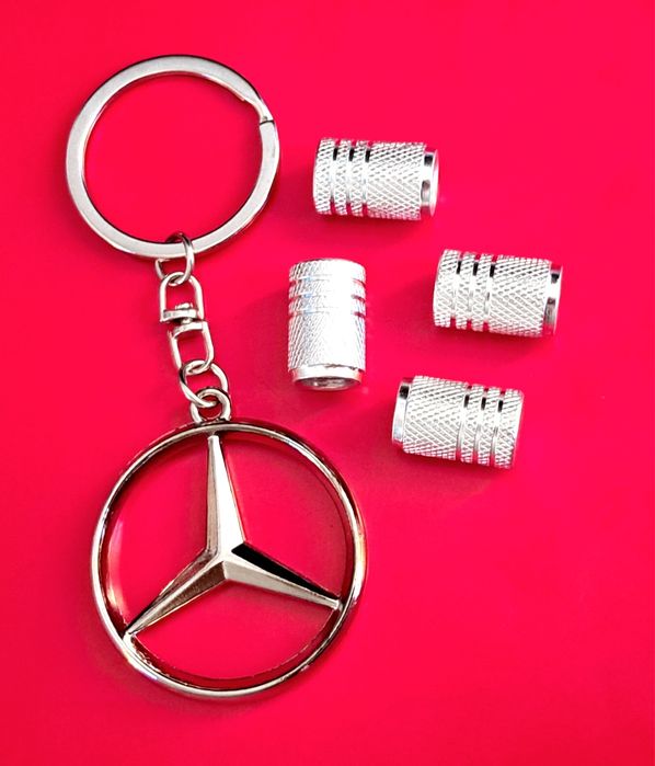 ** NOWY Breloczek MERCEDES + Nakrętki na wentyle srebrne tuning