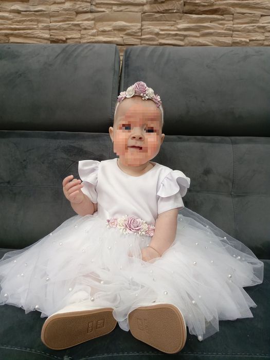 Sukienka ubranie Chrzest Święty r. 62-68 opaska buty komplet