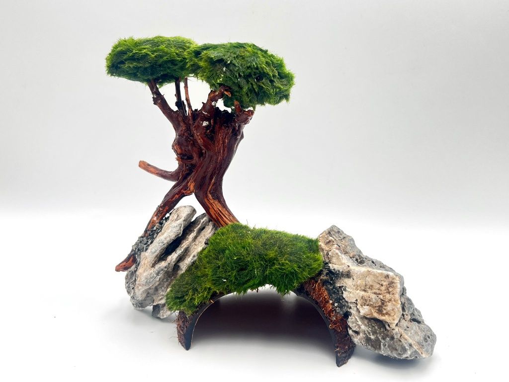 Piękna Ozdoba Aranżacja do Akwarium Drzewko Bonsai z Grotą