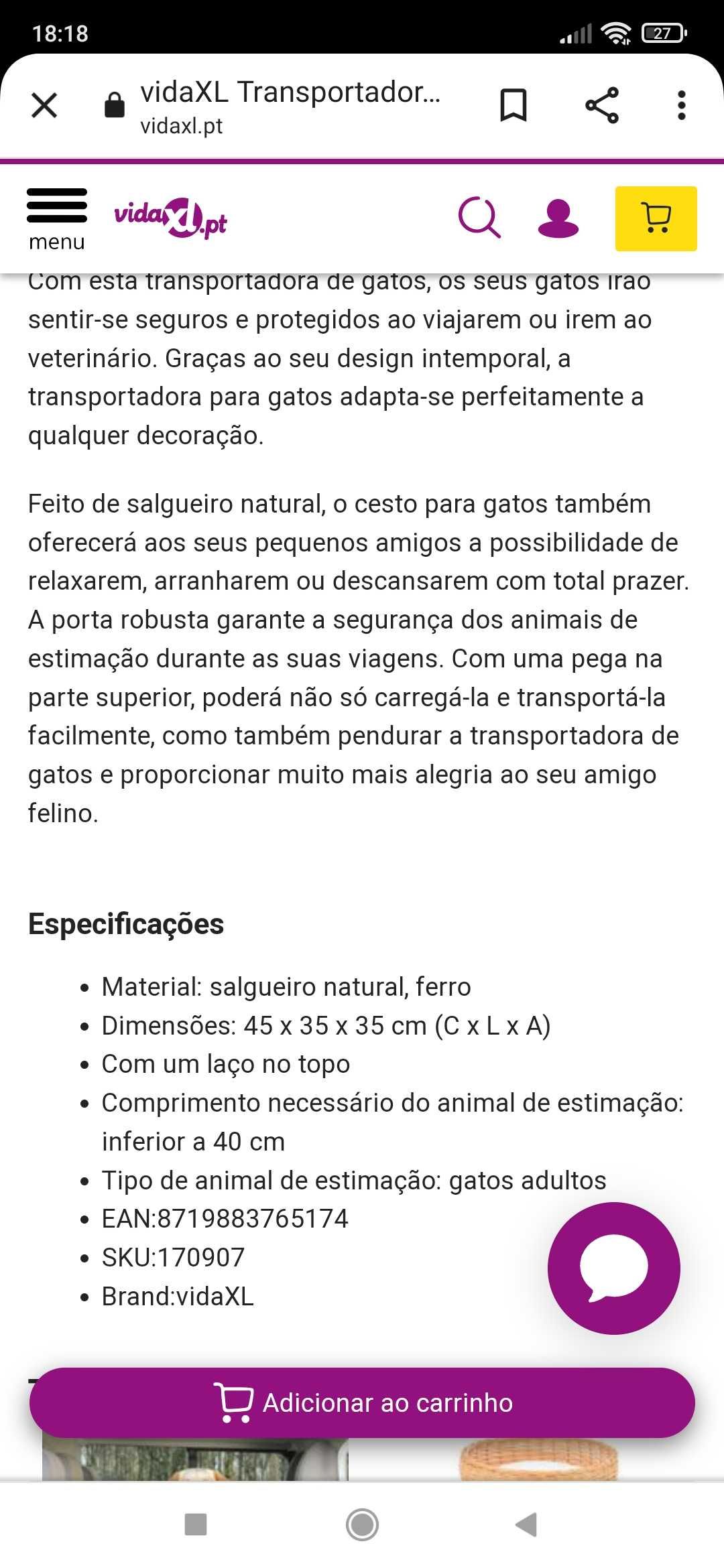 Transportadora em salgueiro natural para gato/cão de pequeno porte