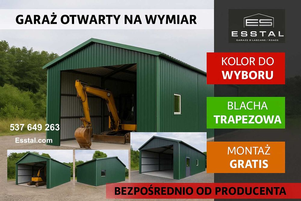 Zielony Otwarty Garaż Blaszany Wiata Magazyn Hala Magazynowa – ESSTAL*