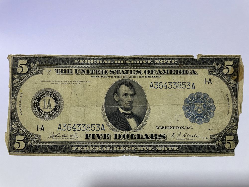 5 долларов ( 5$ ) США Банк Бостон ( 1-А ) 1914 год.