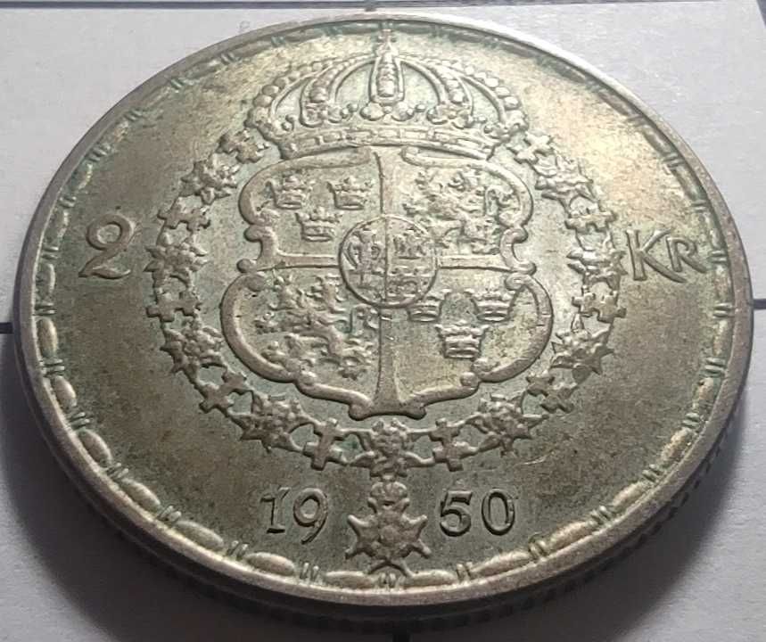 Moneta srebrna Szwecja 2 korony 1950 ładna srebro ag