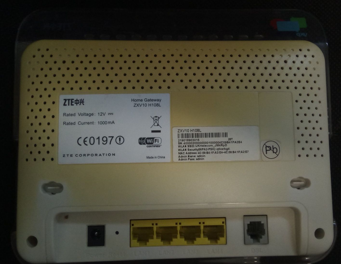 Роутер zte zxv10 h108L adsl -> ethernet/wifi