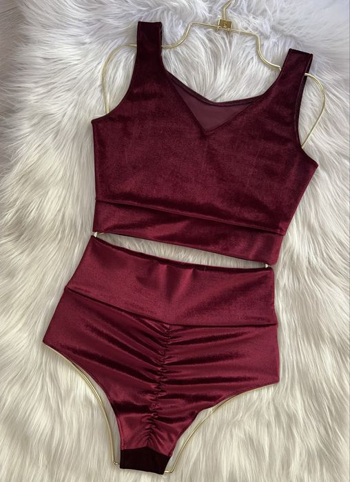 Komplet do tańca welurowy pole dance twerk exotic bordo burgund szorty