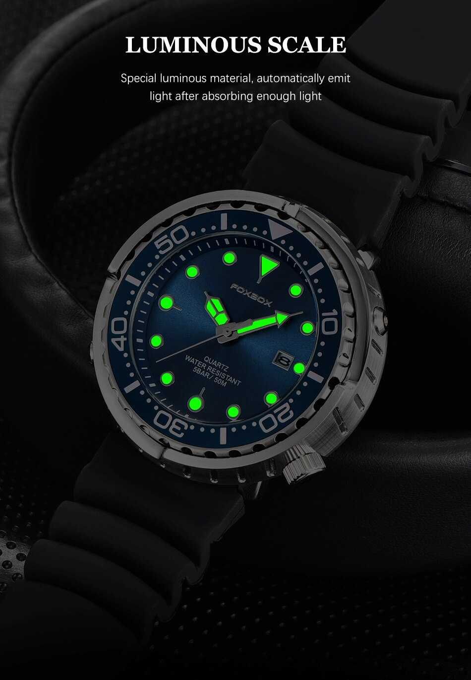 Zegarek Foxbox styl nurka tuńczyk obrotowy bezel wodoszczelny WR50 BOX