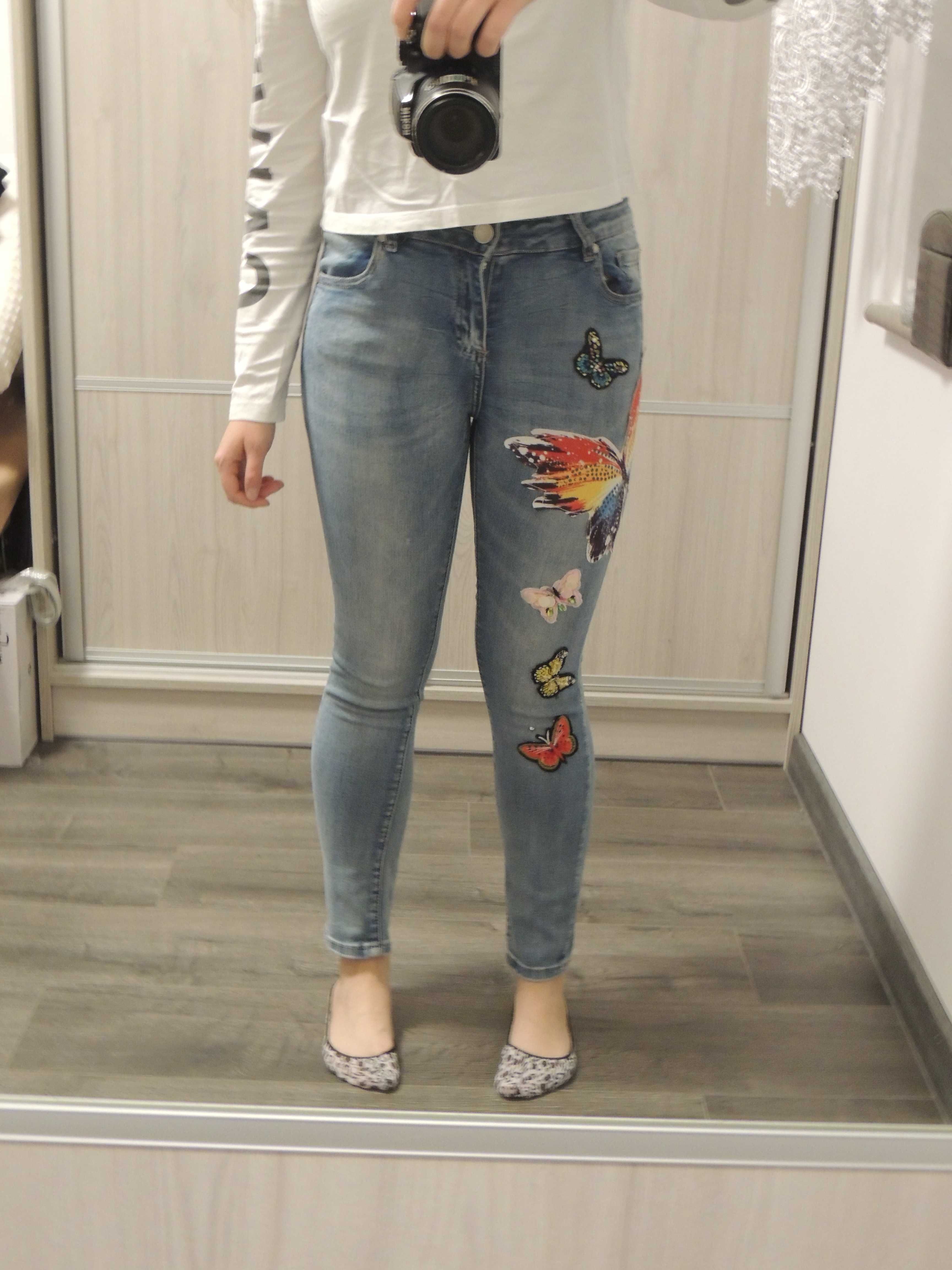 modne damskie jeansowe spodnie z motylami z naszywkami s/m