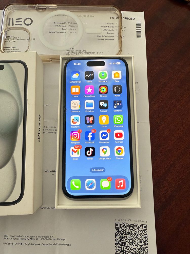 iPhone 15 128GB – Desbloqueado + Caixa + Fatura