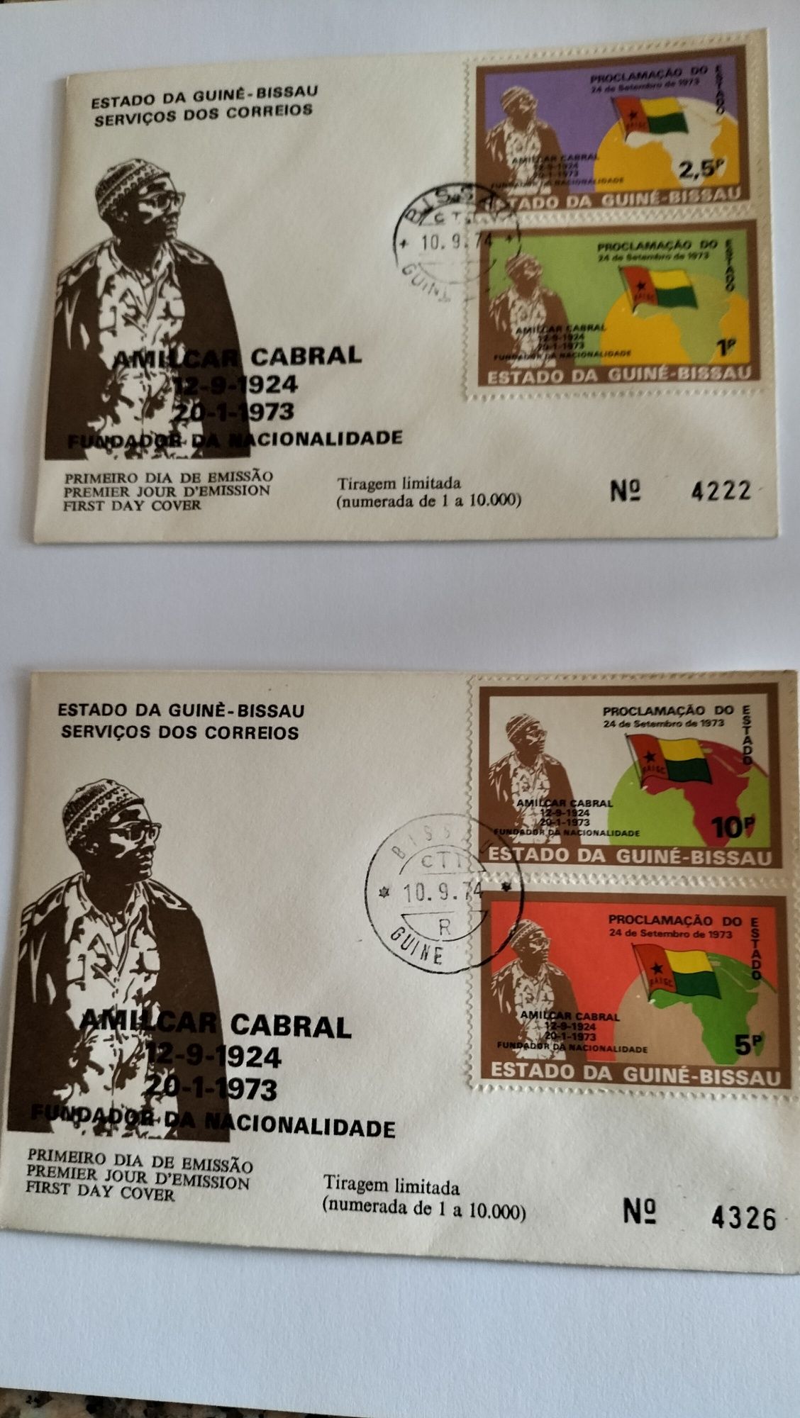 Envelope com foto de Amilcar Cabral com selos e carimbo com data