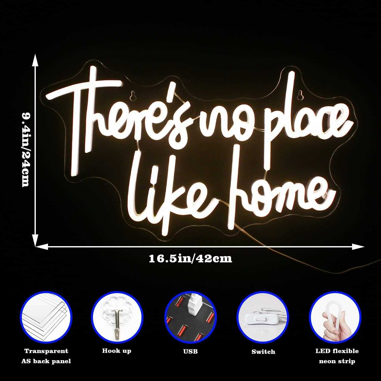 Neon LED Dekoracyjny THERES NO PLACE LIKE HOME Biały Ściem 42x24cm USB
