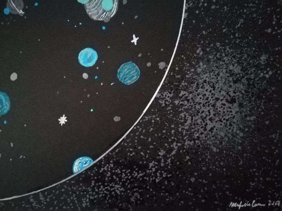 Ilustração original desenho pintura planetas estrelas universo galáxia