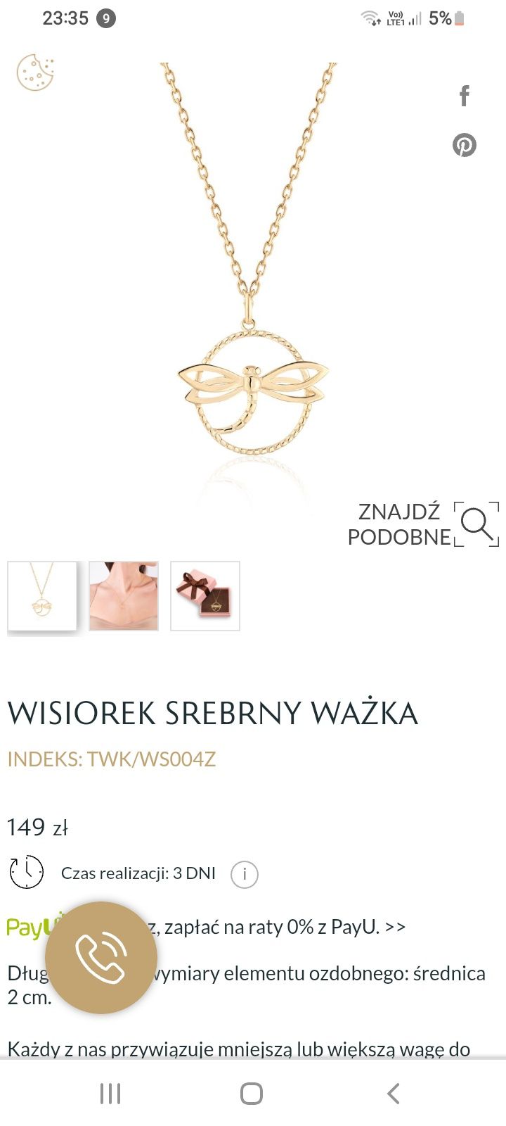 Zawieszka ważka srebro pozłacane W.Kruk