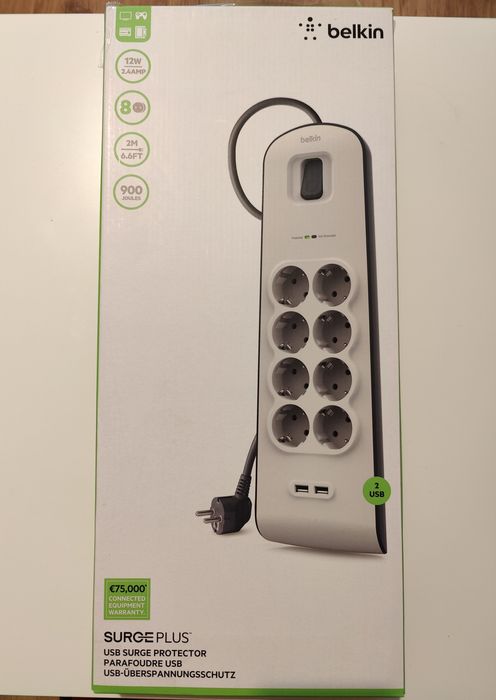 Listwa BELKIN Surge Protection-Zabezpieczenia-8 gniazd-2USB-NOWA-GW24
