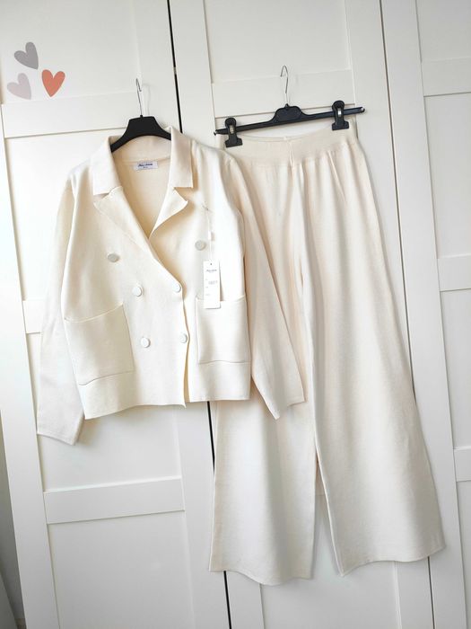 Elegancki zestaw sweterkowy sweter dzianina garnitur wide leg M L