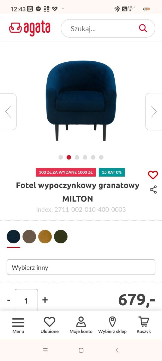 Sprzedam dwa fotele Milton kolor granatowy