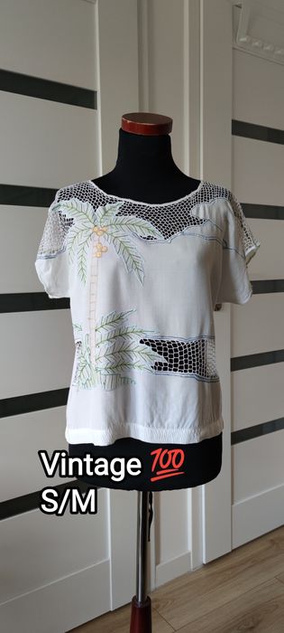 Bluzka top koszulka t-shirt S 36 M 38 vintage z ażurowym akcentem