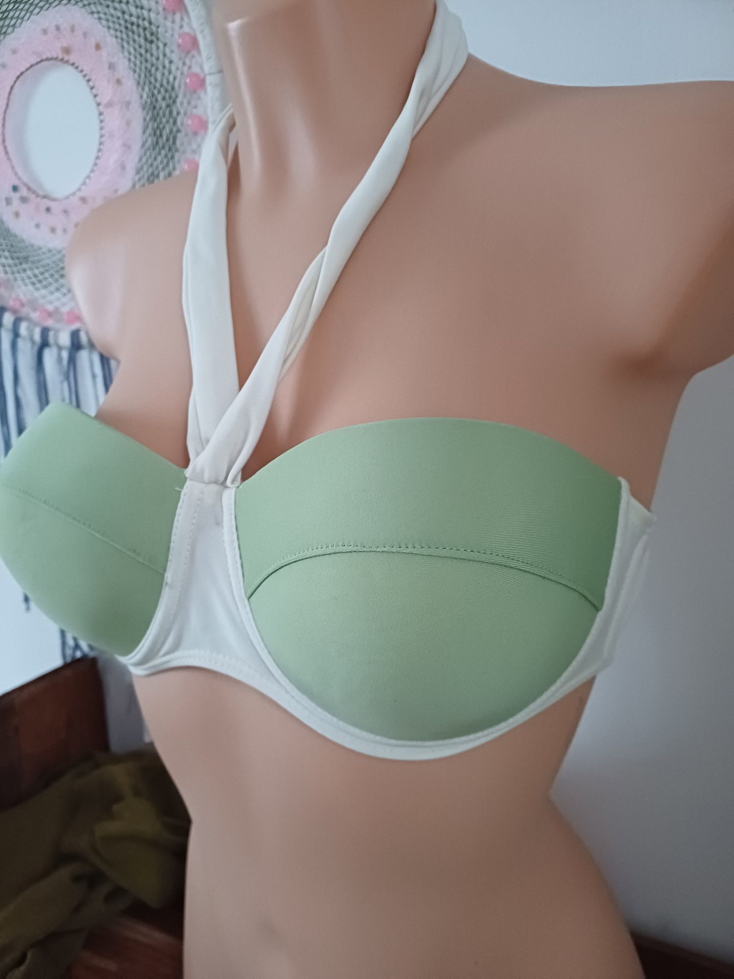 Kostium kompielowy dwuczęściowy zielono kremowy miseczki retro vintage