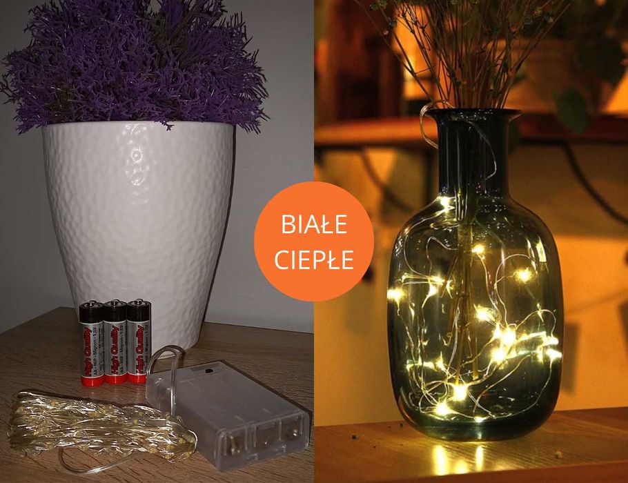 LAMPKI CHOINKOWE 100 LED białe ciepłe na druciku + baterie gratis!