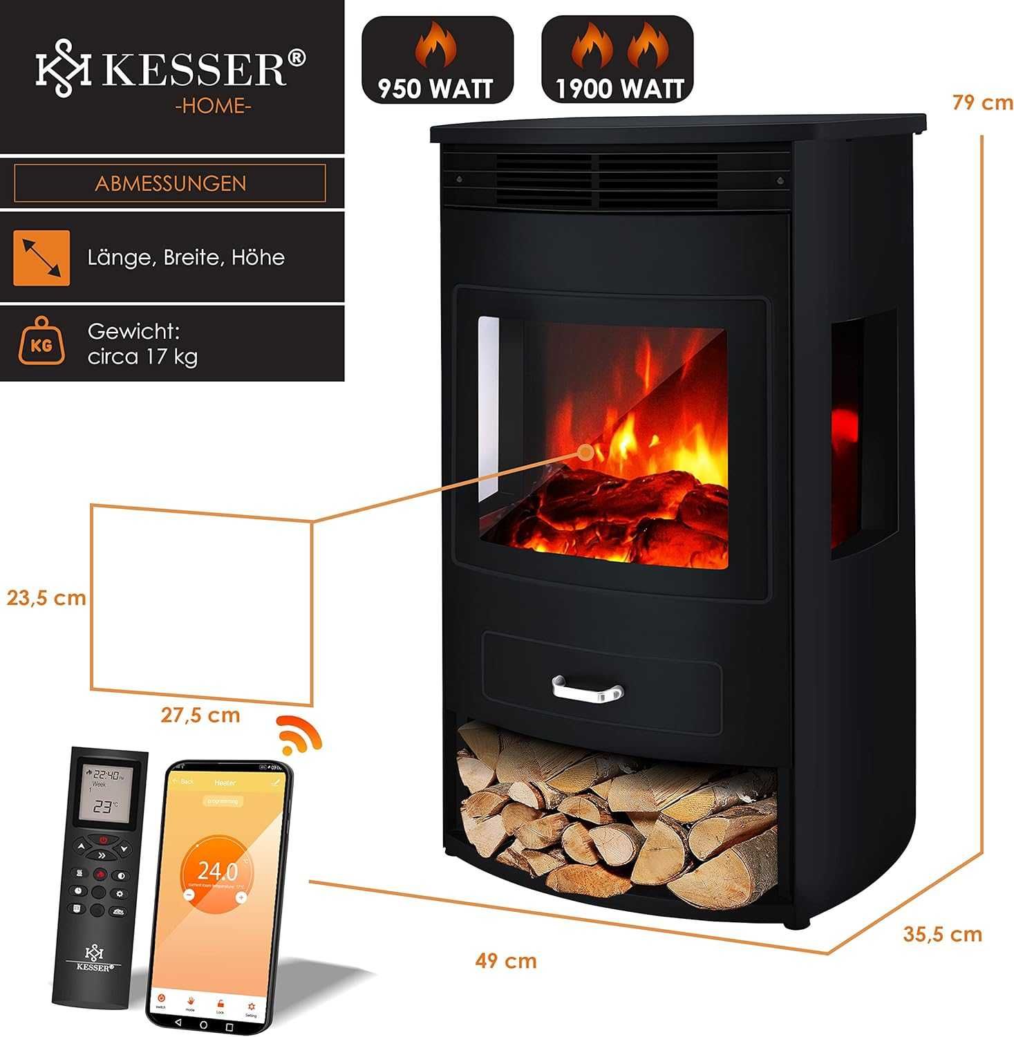Kominek elektryczny Kesser Stojący z funkcją grzania 1900W Czarny Wifi