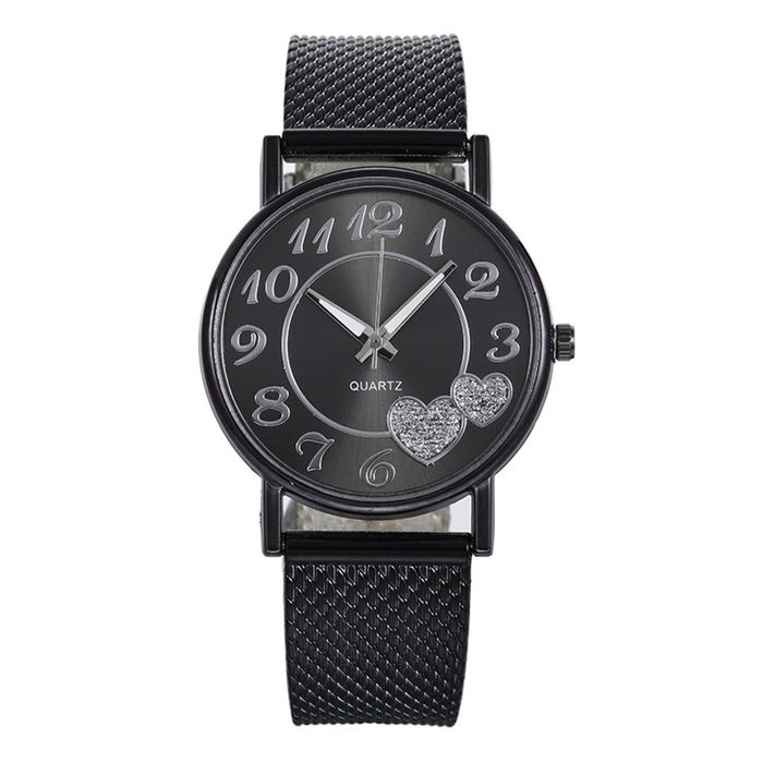 Nowy zegarek damski czarny duża tarcza serduszka