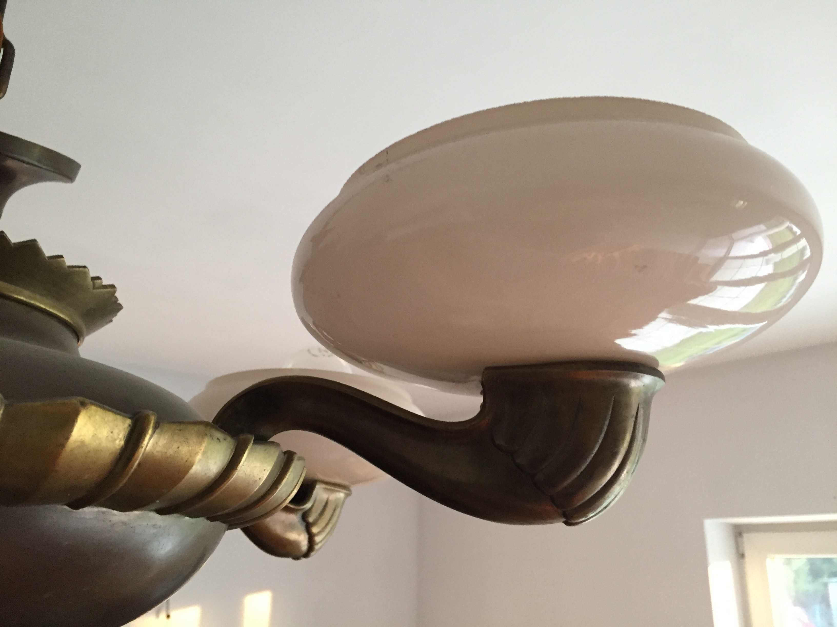 Stara lampa mosiężny żyrandol SECESJA 5-ramienny różowy klosz