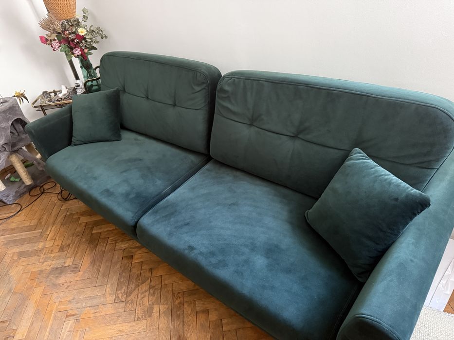 Duża rozkładana do spania kanapa ze schowkiem butelkowa zieleń welurow