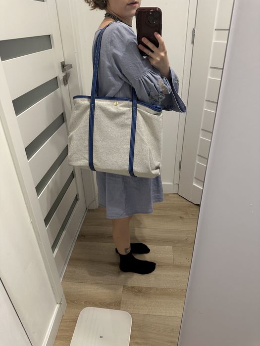 Duża torba tote z płótna z skórzanymi rączkami