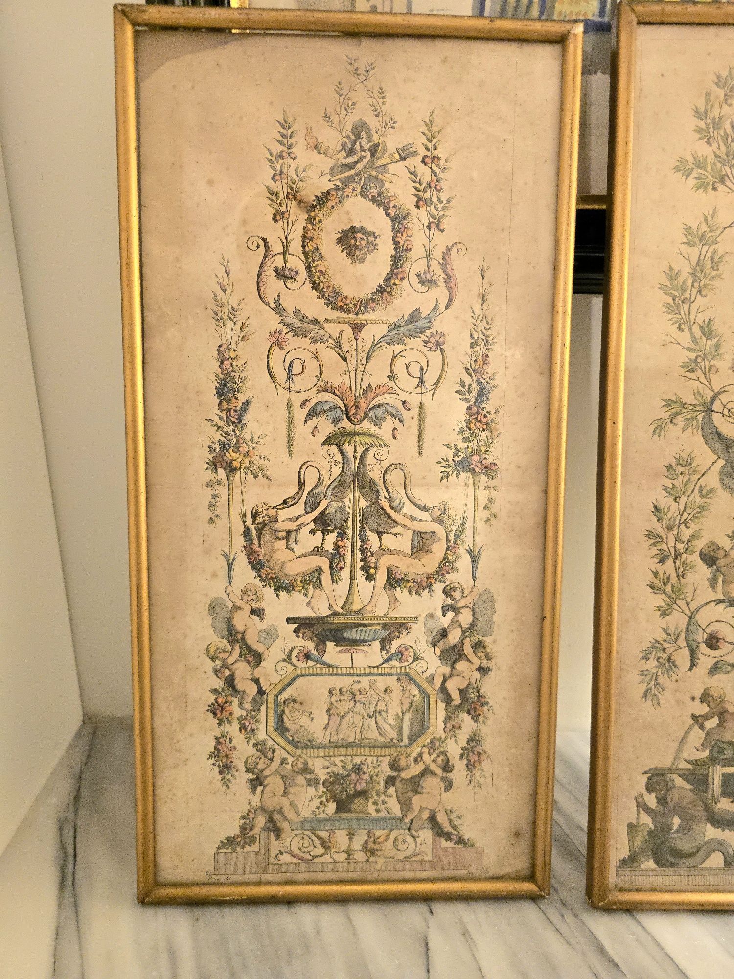 Par de Gravuras Antigas Neoclássicas – c. 1780–1810 – Coloridas à Mão