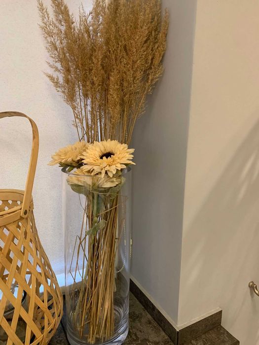 Wazon Dekoracja Szklany Cylinder z Wysuszonymi Kwiatami