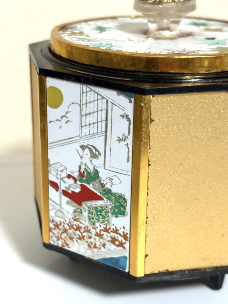Linda caixa de pó de arroz asiática vintage com caixa de música