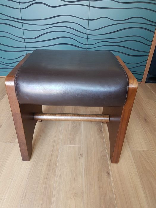 Taboret podnóżek hocker do toaletki krzesełko drewniane ze skóry fotel