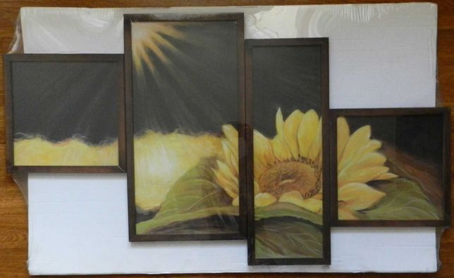 Nowy foto obraz kwiat słonecznik, 4 części, drewniana rama, 122x63 cm