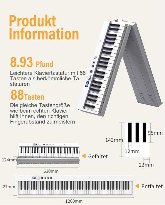 Składany Keyboard Pianino Fortepian z 88 Klawiszami MIDI Bluetooth LCD