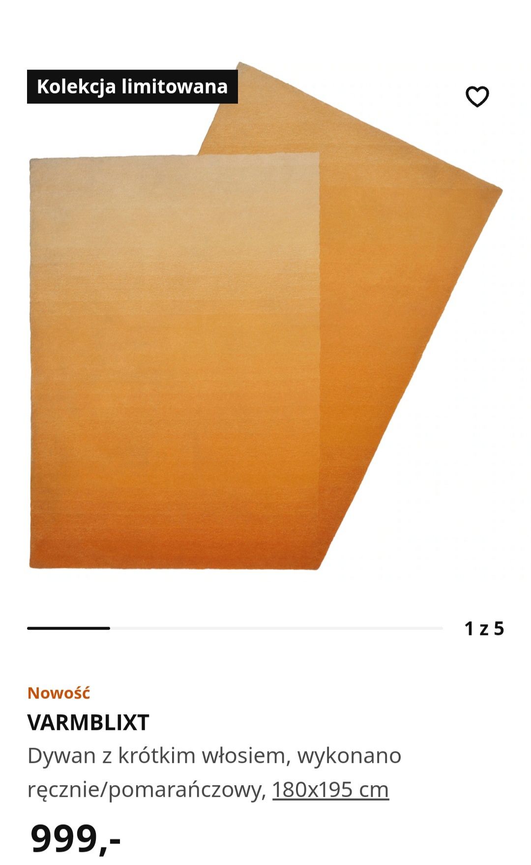 Varmblixt 180x195 dywan wełna IKEA stan bdb pomarańcz  limitowana edyc