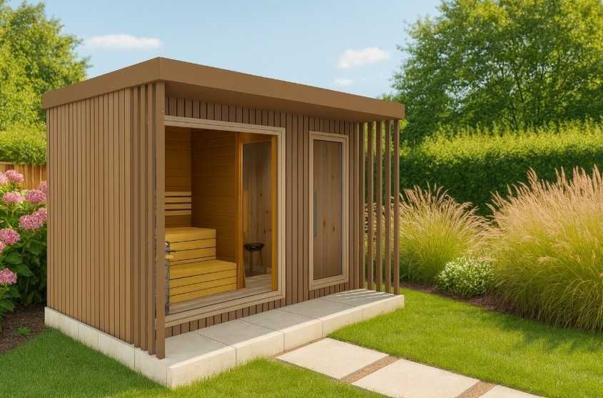 Sauna ogrodowa z przedsionkiem - na wymiar - projekt 3D - Tychy