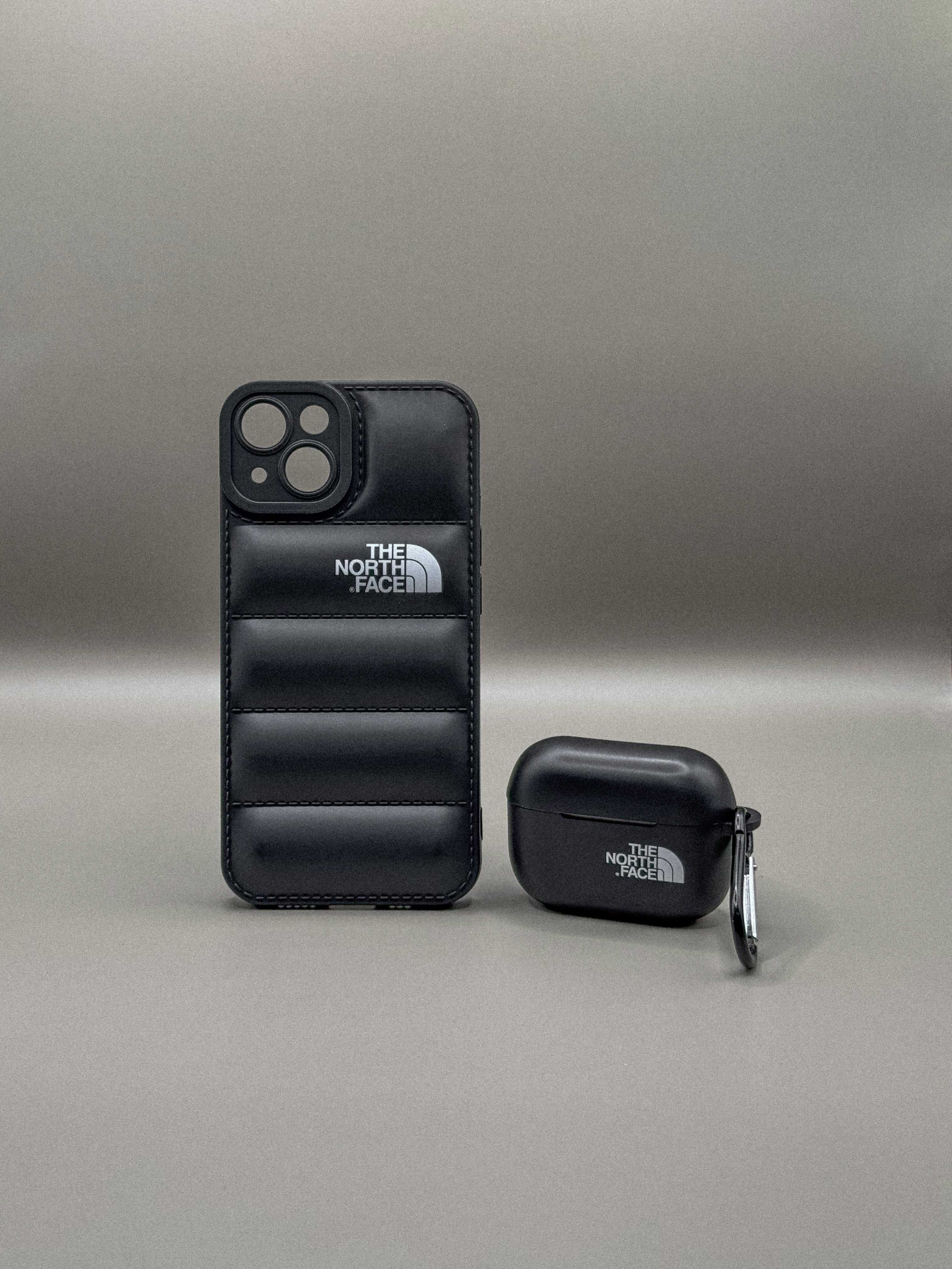 Силиконовый черный чехол пуховик Puffer The North Face iPhone/AirPods