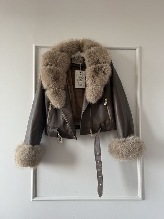 Kurtka nowa zimowa brązowa czekoladowa z futrem, eko skórzana S/M