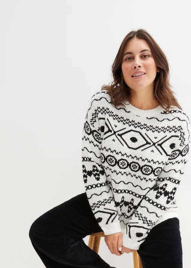 B.P.C sweter śmietankowy z czarnym norweskim wzorem r.48/50