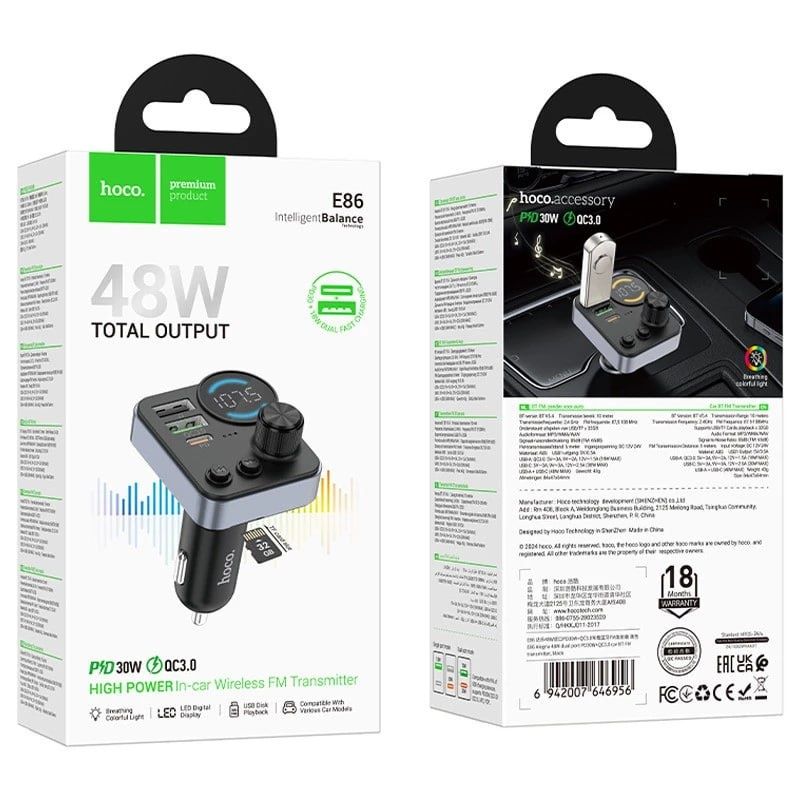Авто Зарядное FM-Модулятор Hoco E86 PD48W Transmitter
