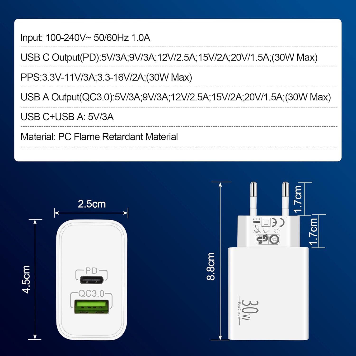 Ładowarka 30W USB C + kabel 2m Typ-C PD3.0 QC3