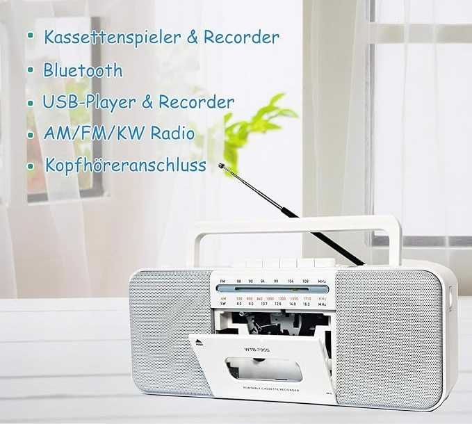 Odtwarzacz Kasetowy Retro USB/Bluetooth/AM/FM Przenośny Odtwarzacz MP3