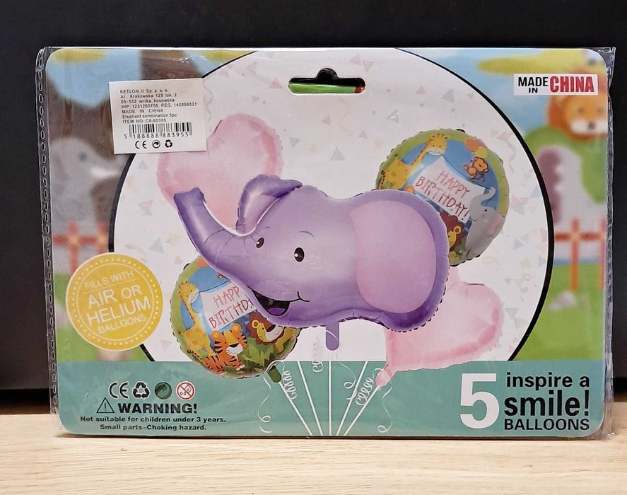 Zestaw balonów foliowych na urodziny 5szt. Słonik  (1)