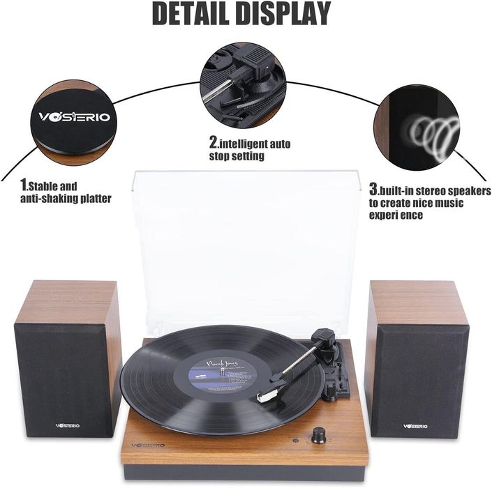 Gramofon z Bluetooth Retro z głośnikami stereo, Auto-Stop, Paskowy