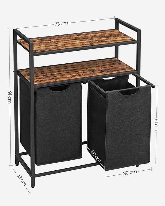 VASAGLE kosz na pranie, zbieracz prania, 2 przedziały, 2 półki