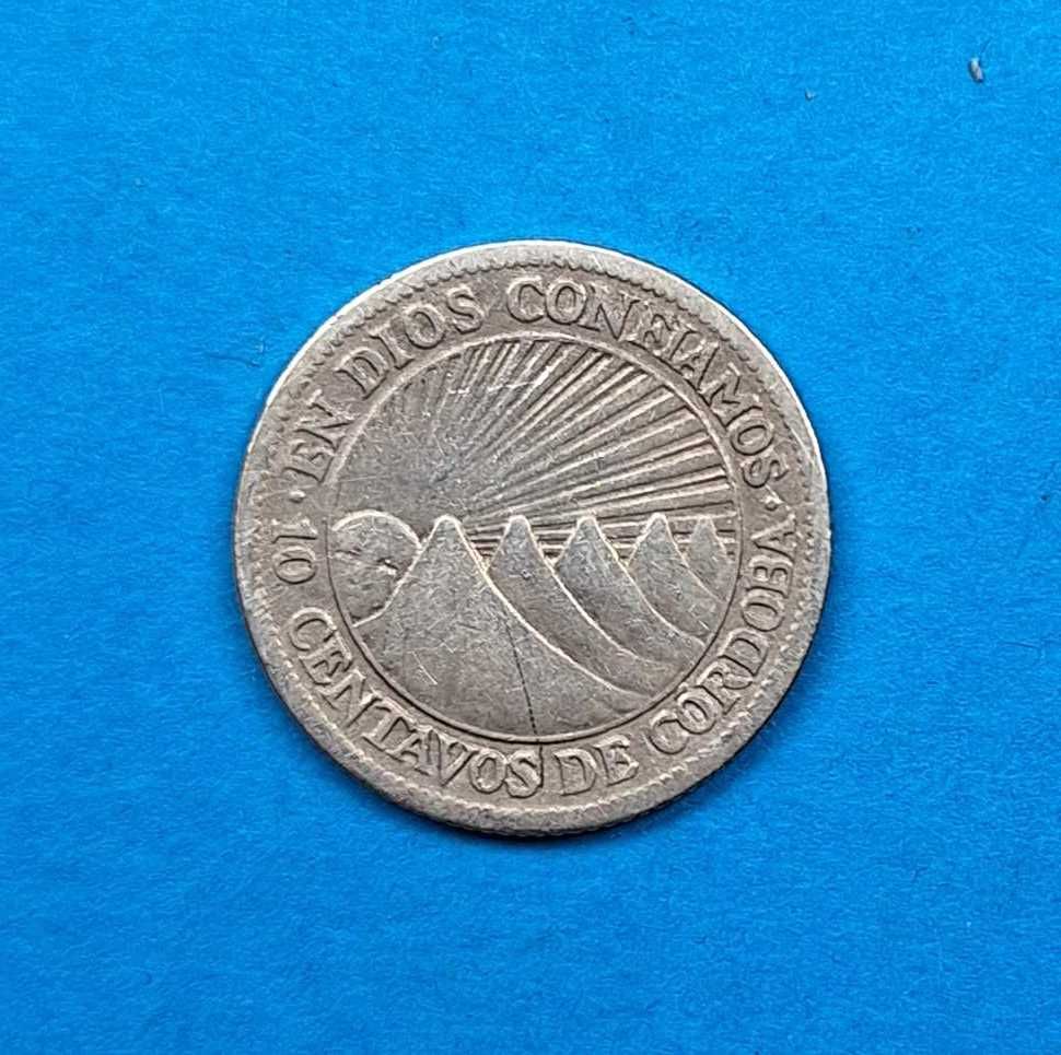 Nikaragua 10 centavo rok 1928, dobry stan, srebro 0,800