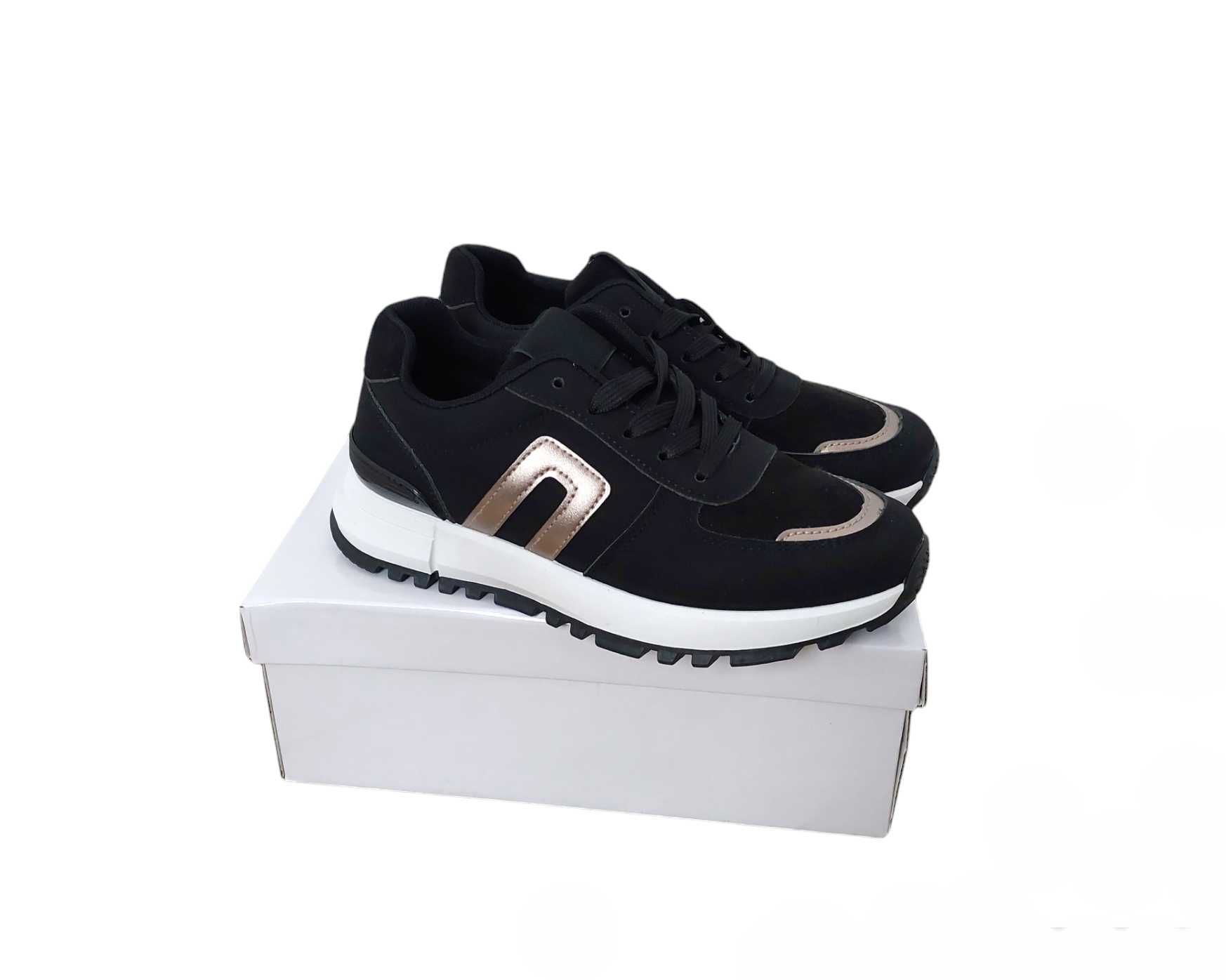 Czarne Damskie Sneakersy Ze Złotymi Dodatkami 41