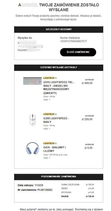Nowe Logitech G klawiatura mysz słuchawki G515 G309 G435 data 03.11.25