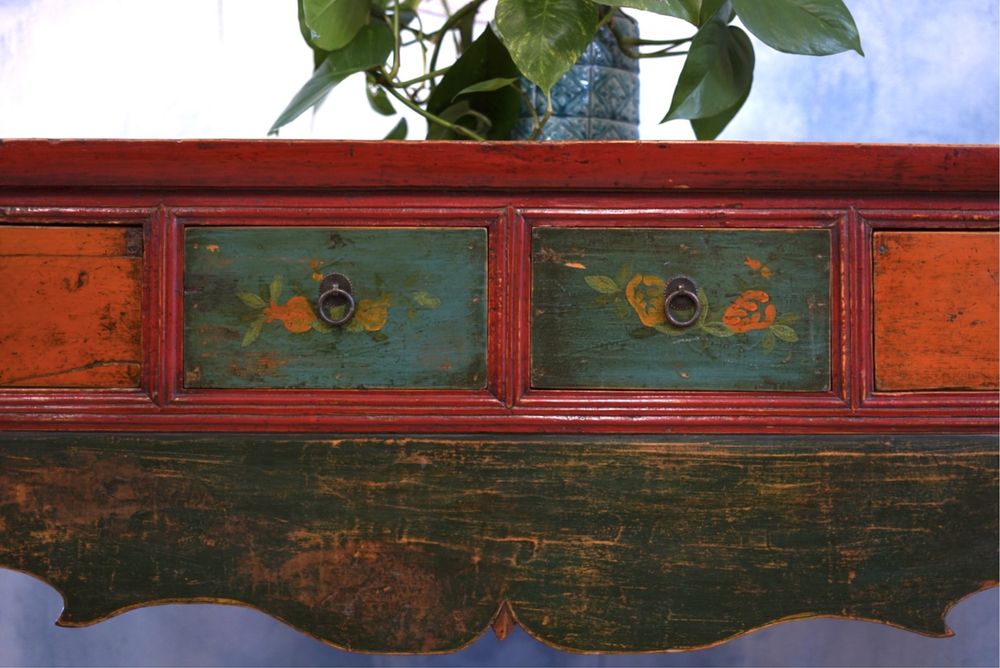 Stara konsola kolorowa drewniana mebel z Tybetu antyk egzotyczne